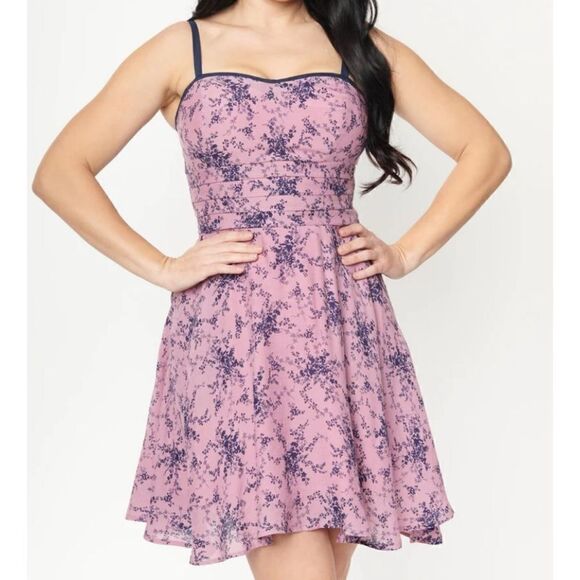 Unique Vintage Purple Navy Floral Print Flare Dress - Picture 1 of 11